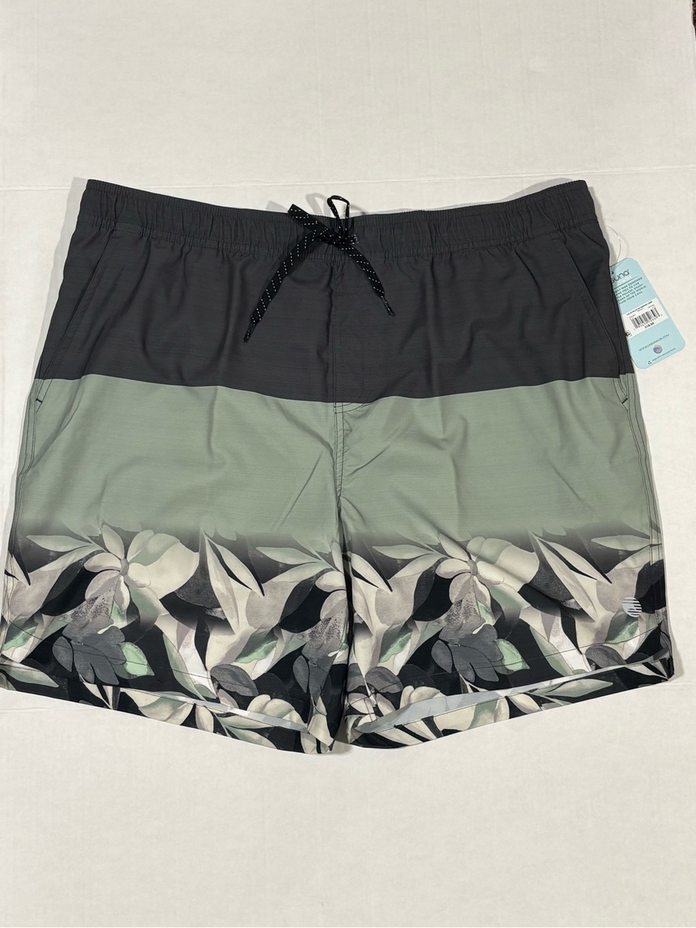 Men's Sage and Black Floral-Trim Swim Trunks